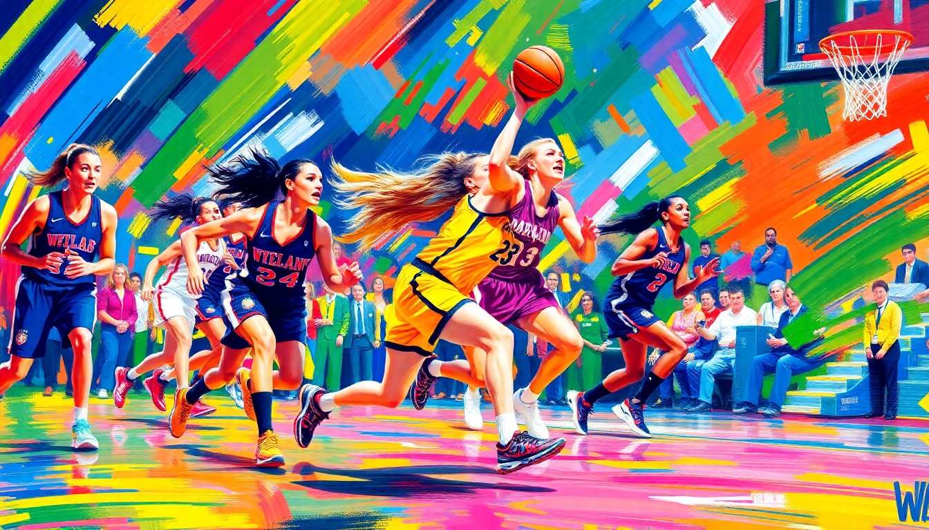 An abstract, expressionist painting in vibrant neon colors, with rapid brushstrokes conveying the fast-paced, high-intensity action of a women's college basketball game.