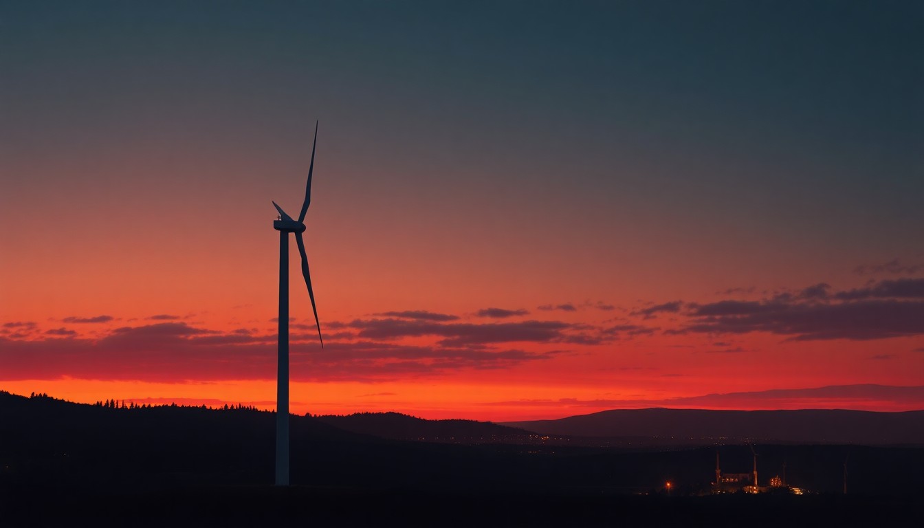 A serene oil painting depicting a single wind turbine silhouetted against a dimly lit small town, with warm sunlight casting long shadows across the scene, conveying a sense of quiet determination in the face of environmental challenges.