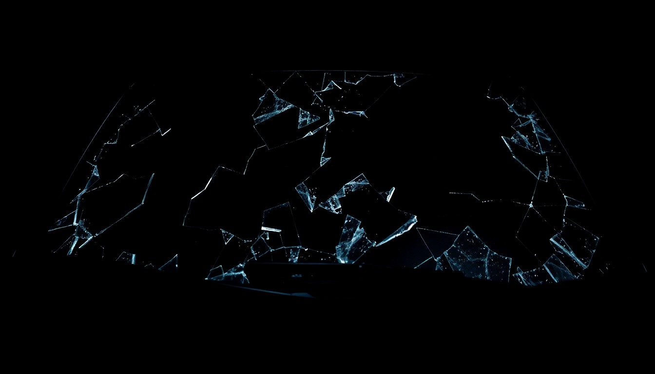 An extreme close-up photograph of a shattered car windshield, the glass reflecting a harsh flash of light, conceptually illustrating the aftermath of a deadly collision caused by an impaired driver.