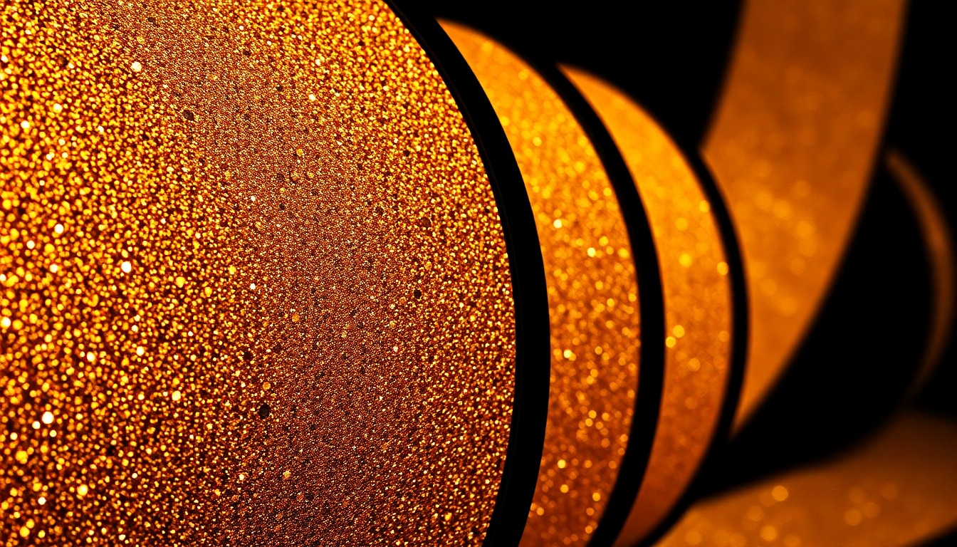 An extreme close-up photograph of shimmering, textured film reel in metallic gold and silver tones, conveying the high-end, glamorous aesthetic of documentary filmmaking.