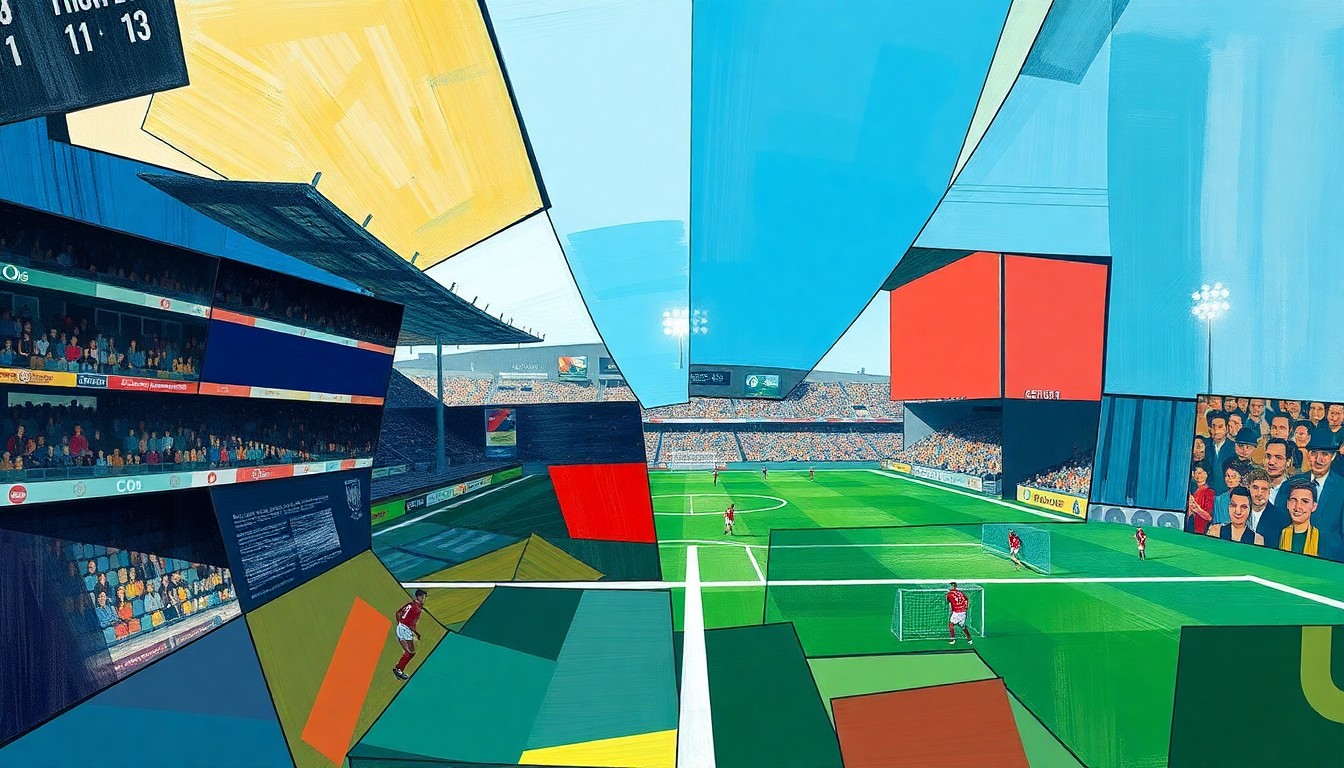 A fractured, geometric painting depicting a soccer match between two teams, with players and the field broken down into sharp, overlapping planes of color and shape.