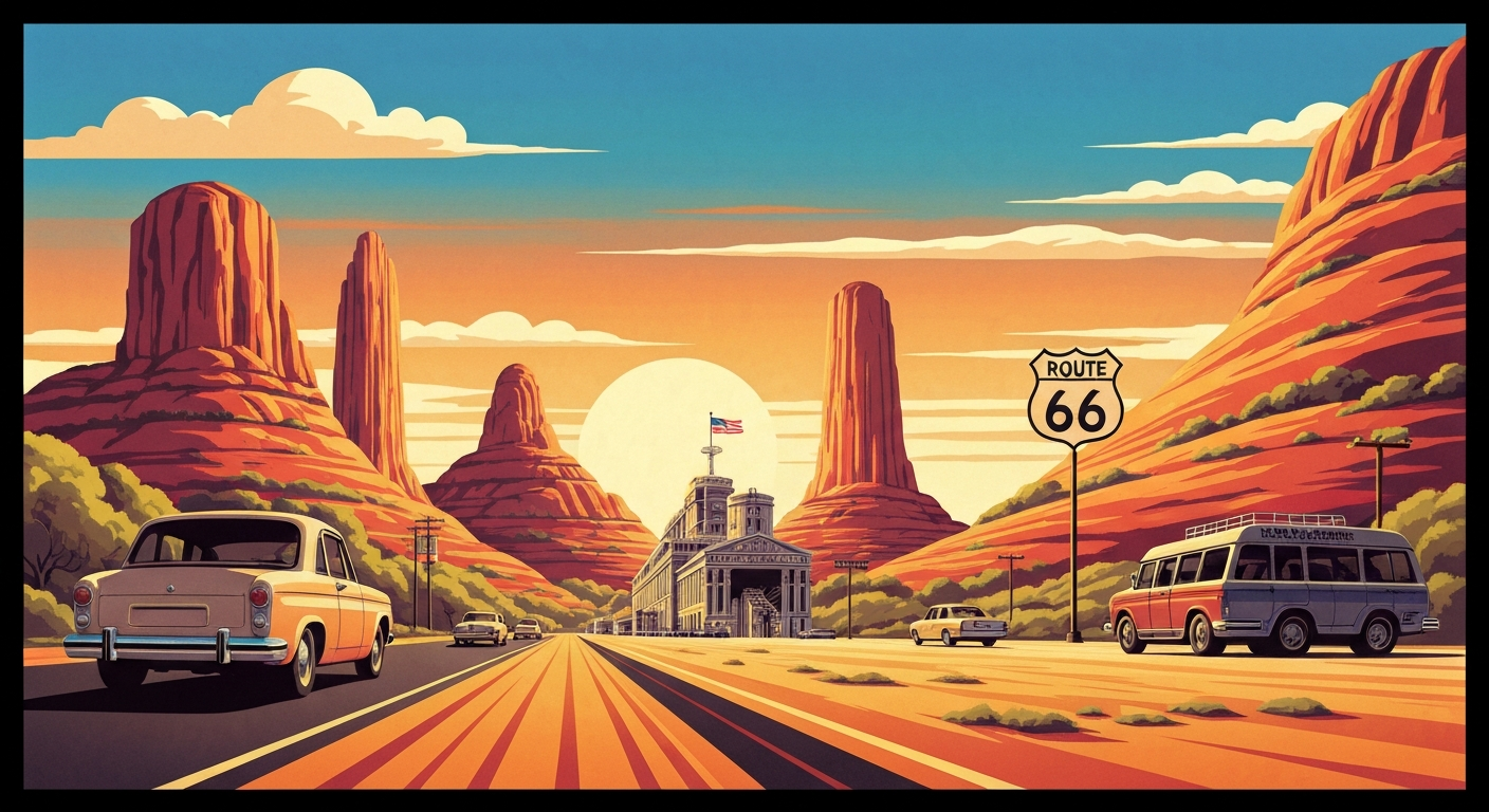 A bold, geometric illustration in shades of orange, red, and blue, depicting the sweeping curves and towering perspectives of the Oklahoma landscape along historic Route 66, without any text or identifiable elements.