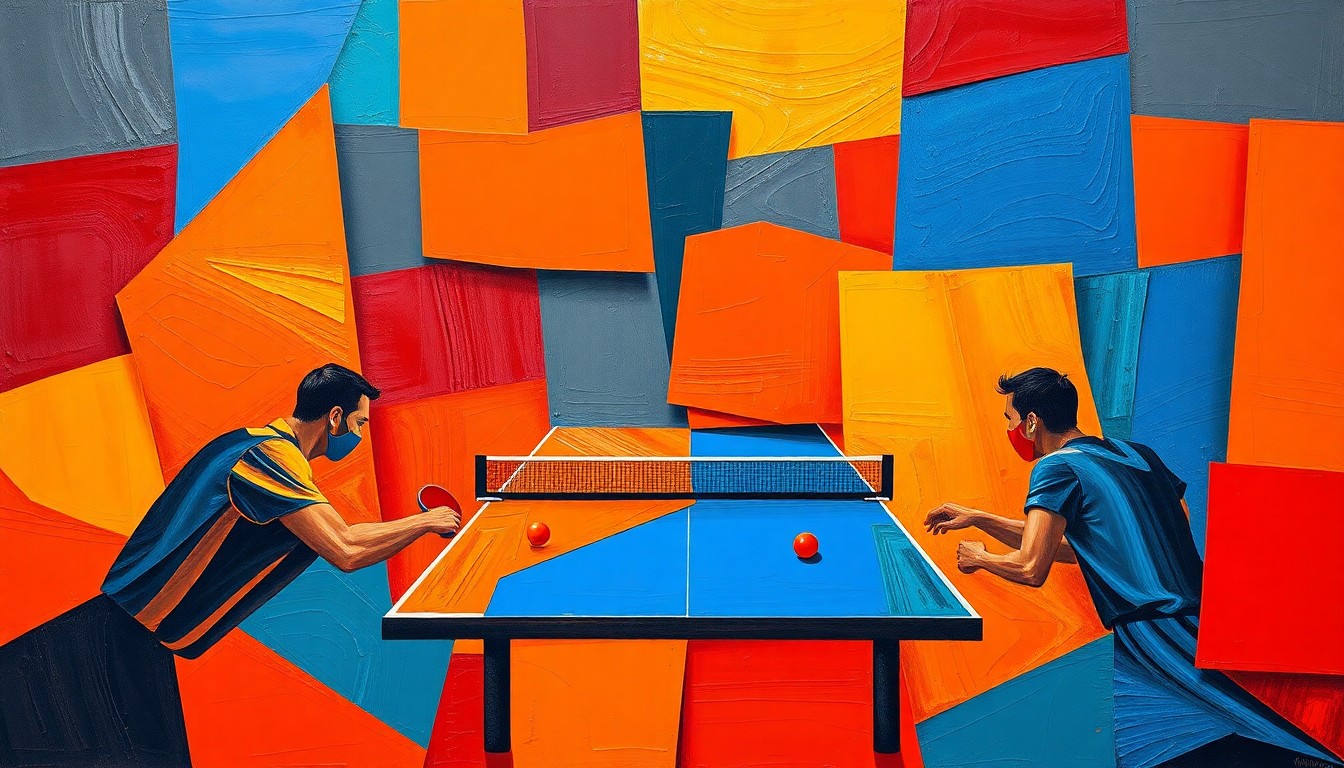 A fractured, cubist-style painting depicting a table tennis match, with the players and table broken down into sharp, overlapping geometric shapes in vibrant shades of orange, blue, and red.