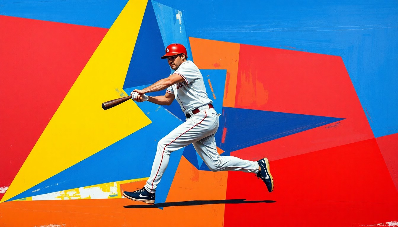 A fractured, geometric painting depicting a baseball player's motion, with sharp planes of color and overlapping perspectives, conveying the energy and potential of the Diamondbacks' rising star.