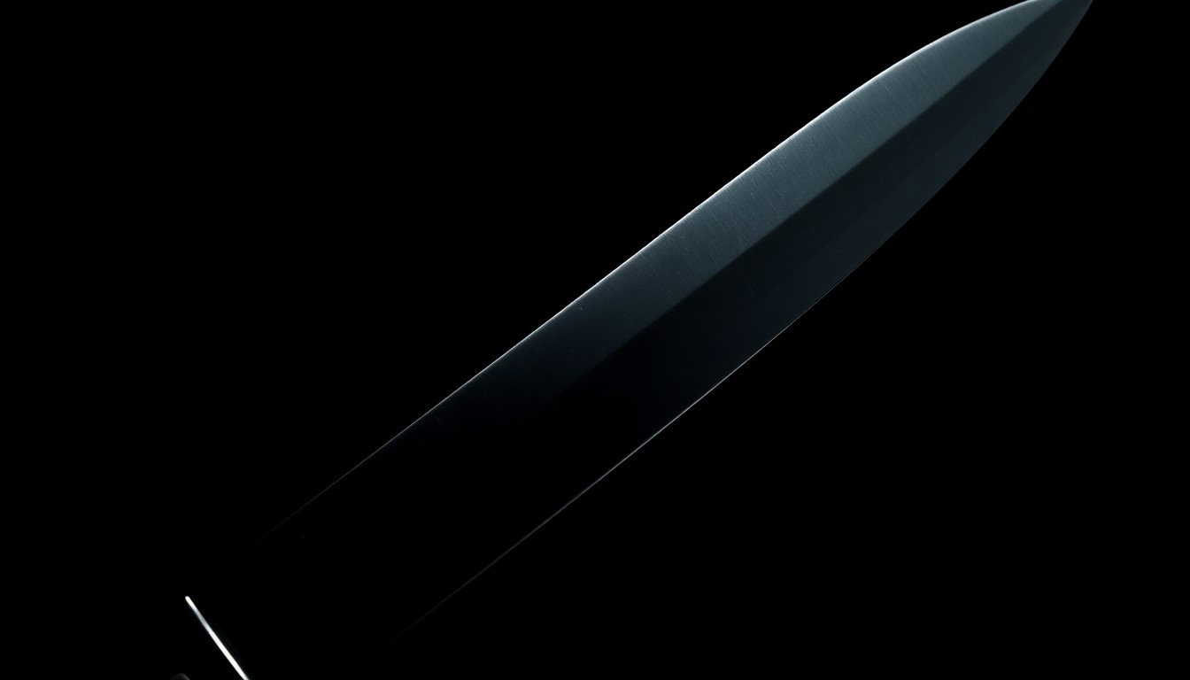 An extreme close-up of a knife blade reflecting a bright, harsh light, conceptually illustrating the violence of the stabbing incident.