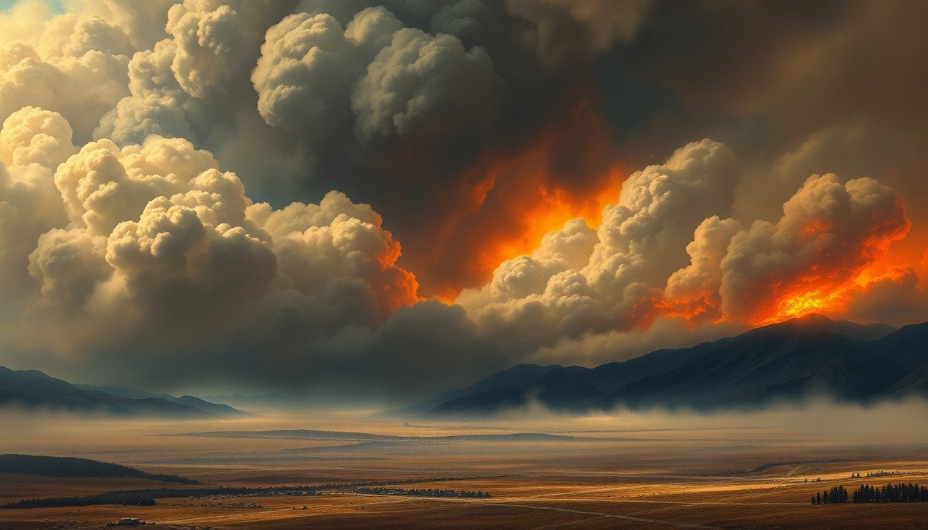 A vast, atmospheric landscape painting in muted tones of grey, brown, and orange, with a distant wildfire casting an ominous glow across the scene and billowing smoke obscuring the horizon, conveying the overwhelming scale and power of the natural disaster.