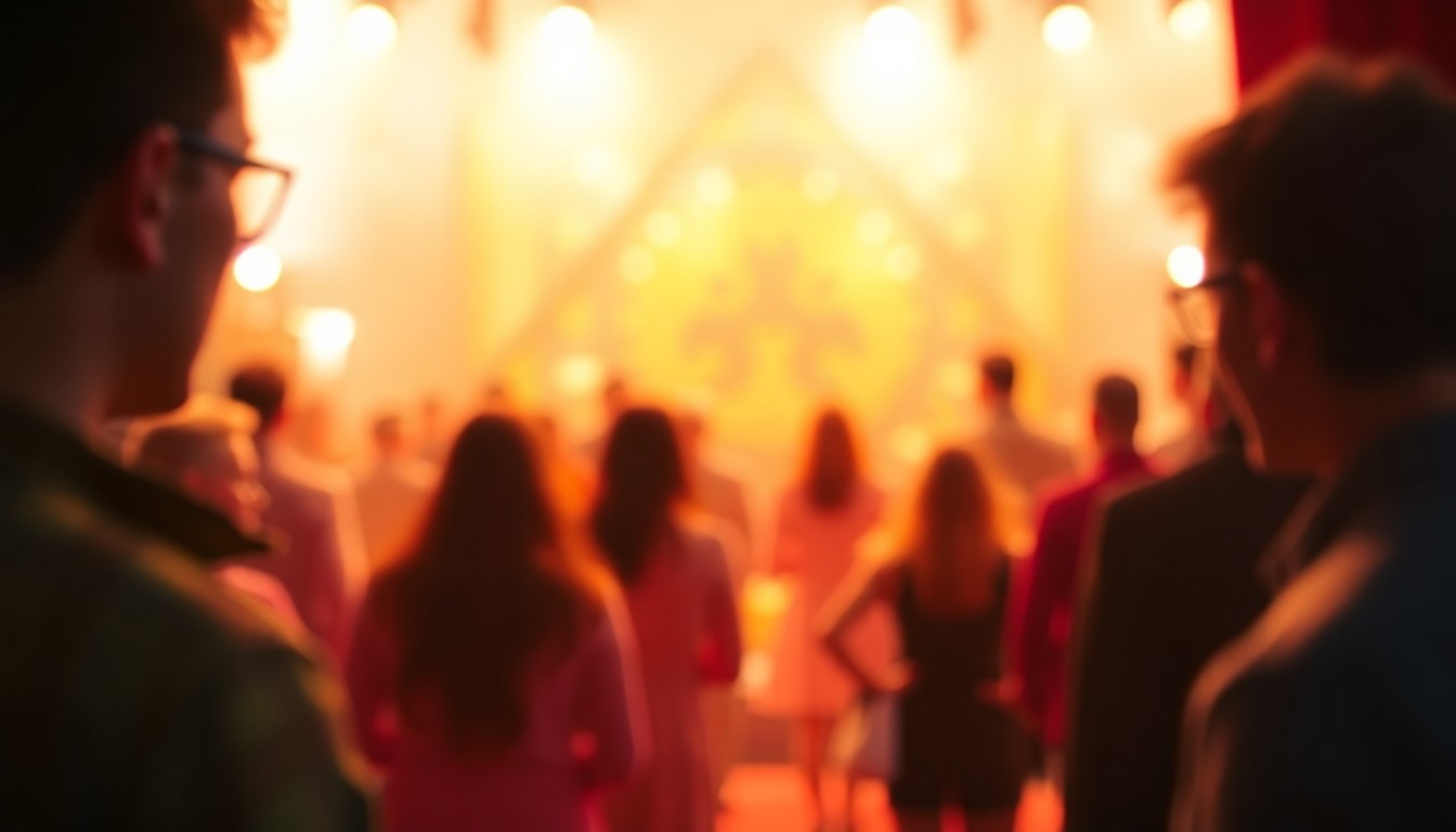 A blurred, impressionistic photograph showing the silhouettes of people engaged in a lively cultural event, with warm, hazy lighting and soft, out-of-focus details conveying a sense of community and celebration.