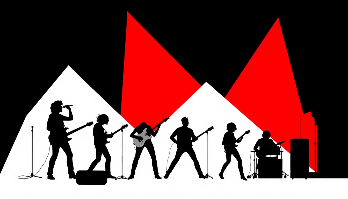 A striking abstract composition of jagged geometric shapes in bold red and black, conceptually representing the diverse and eclectic sounds of lesser-known rock bands.