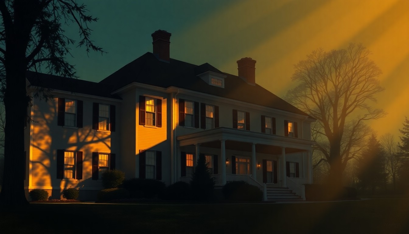 A serene, painterly depiction of the stately exterior of Drumthwacket, the New Jersey governor's official residence, with the building bathed in warm, golden sunlight and surrounded by lush greenery, conveying a sense of timeless elegance and civic duty.