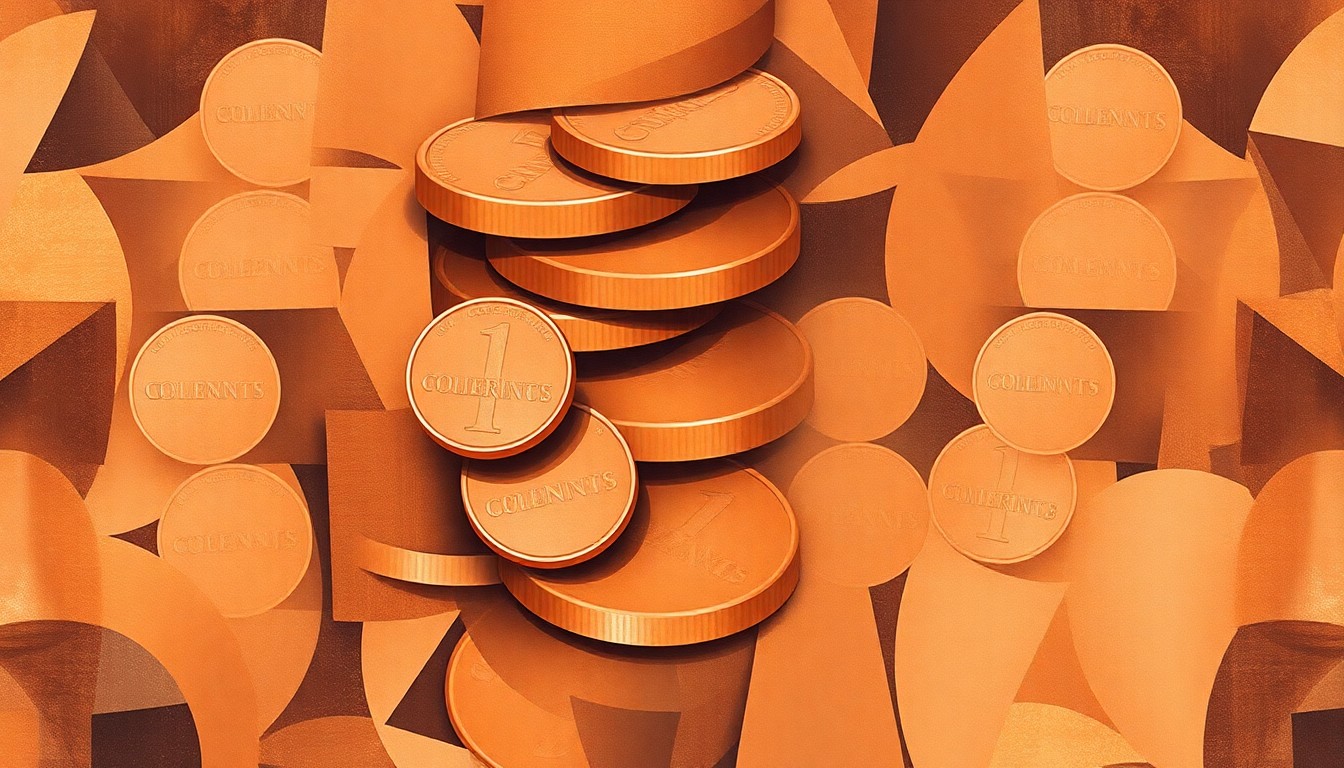 A dynamic, abstract painting featuring overlapping, fractured shapes and patterns in shades of brown, orange, and copper, conceptually representing the changing role of pennies in the modern economy.