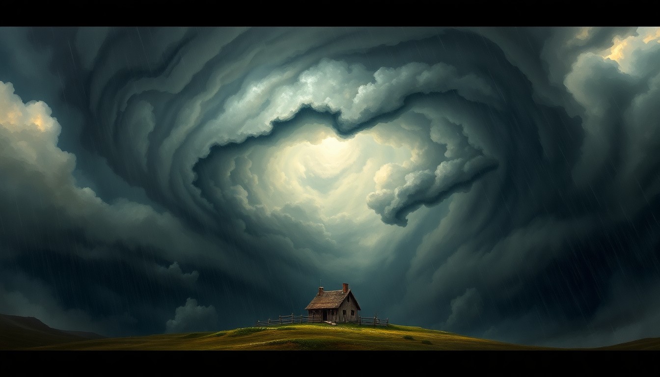 A sweeping, atmospheric landscape painting depicting a small house engulfed in a massive, swirling vortex of dark storm clouds and heavy rain, conveying the overwhelming scale and sublime power of the natural elements.