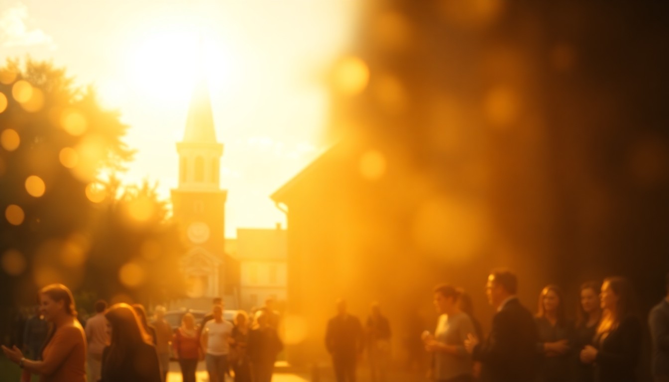 An abstract, impressionistic photograph of a church steeple and parishioners gathered outside, captured through a hazy, rain-streaked lens and rendered in soft, warm tones, conveying the emotional resilience of the community during a time of crisis.