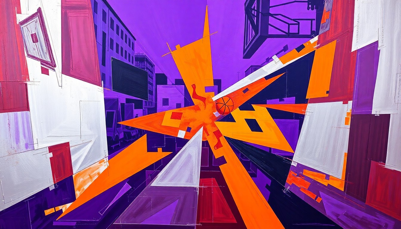 A fragmented, geometric painting in bold colors depicting a basketball game or match, with the players and court broken down into sharp, overlapping planes, conveying the conceptual idea of the growing influence of basketball media.
