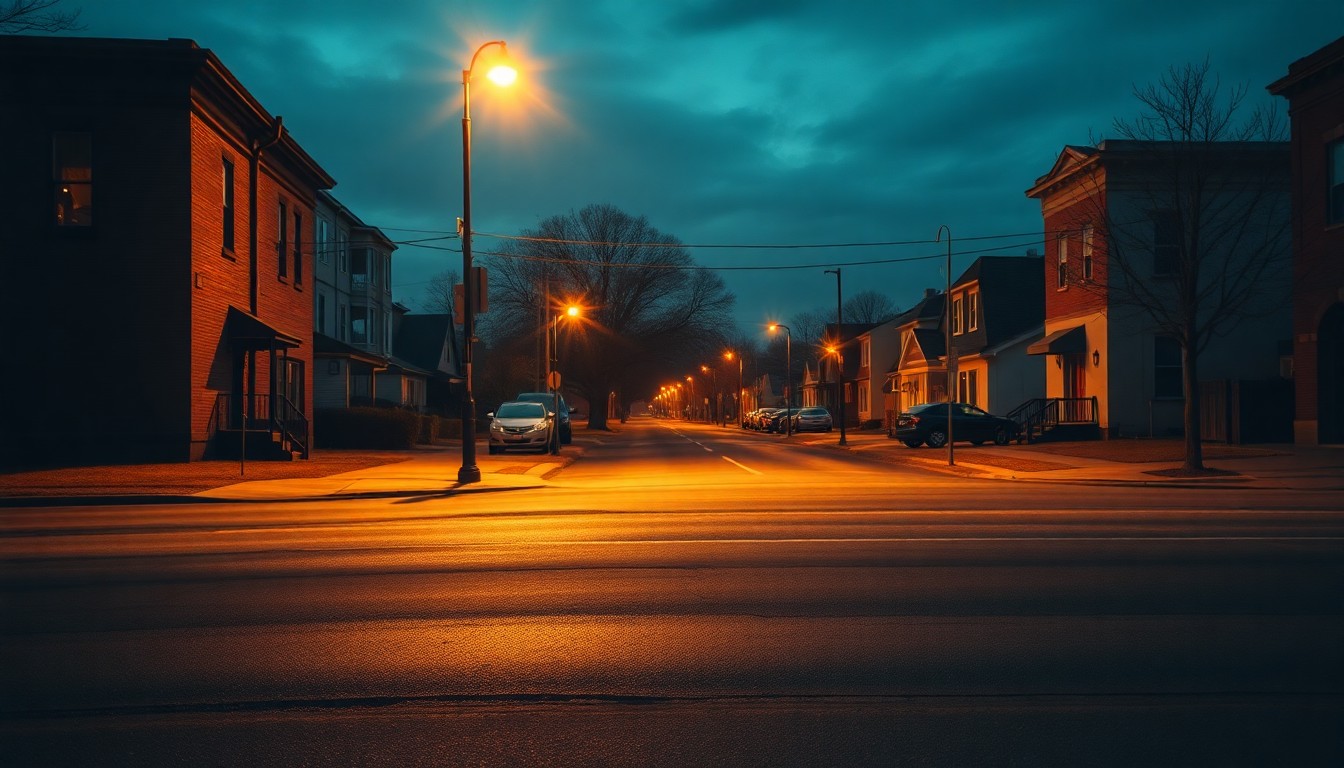 A dimly lit, cinematic street corner in a Milwaukee neighborhood, with long shadows and warm, golden light creating a melancholy atmosphere.