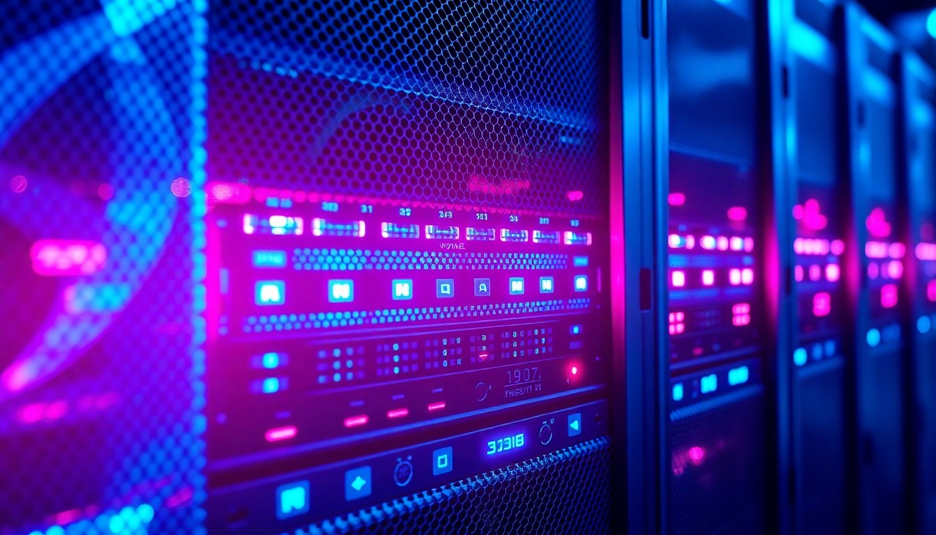 A highly detailed, glowing 3D illustration of a secure server rack with pulsing neon lights, conceptually representing the robust digital infrastructure that Reno Computer Services provides to help local businesses in regulated sectors remain compliant and secure.