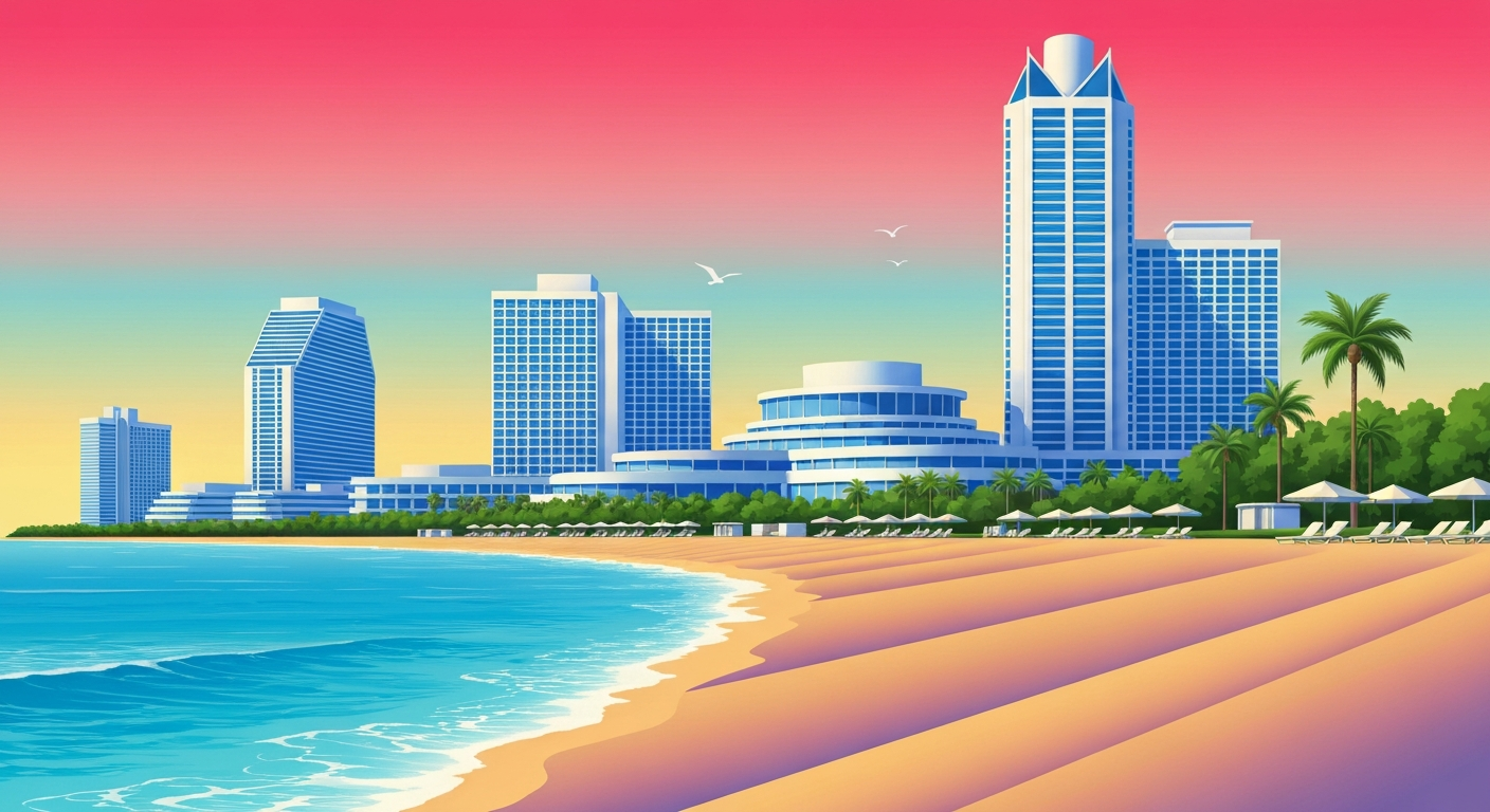 A highly stylized, geometric illustration depicting the grand scale and sweeping vistas of a beachfront hotel or resort, capturing the romantic and monumental qualities of travel without any literal depictions of people or text.
