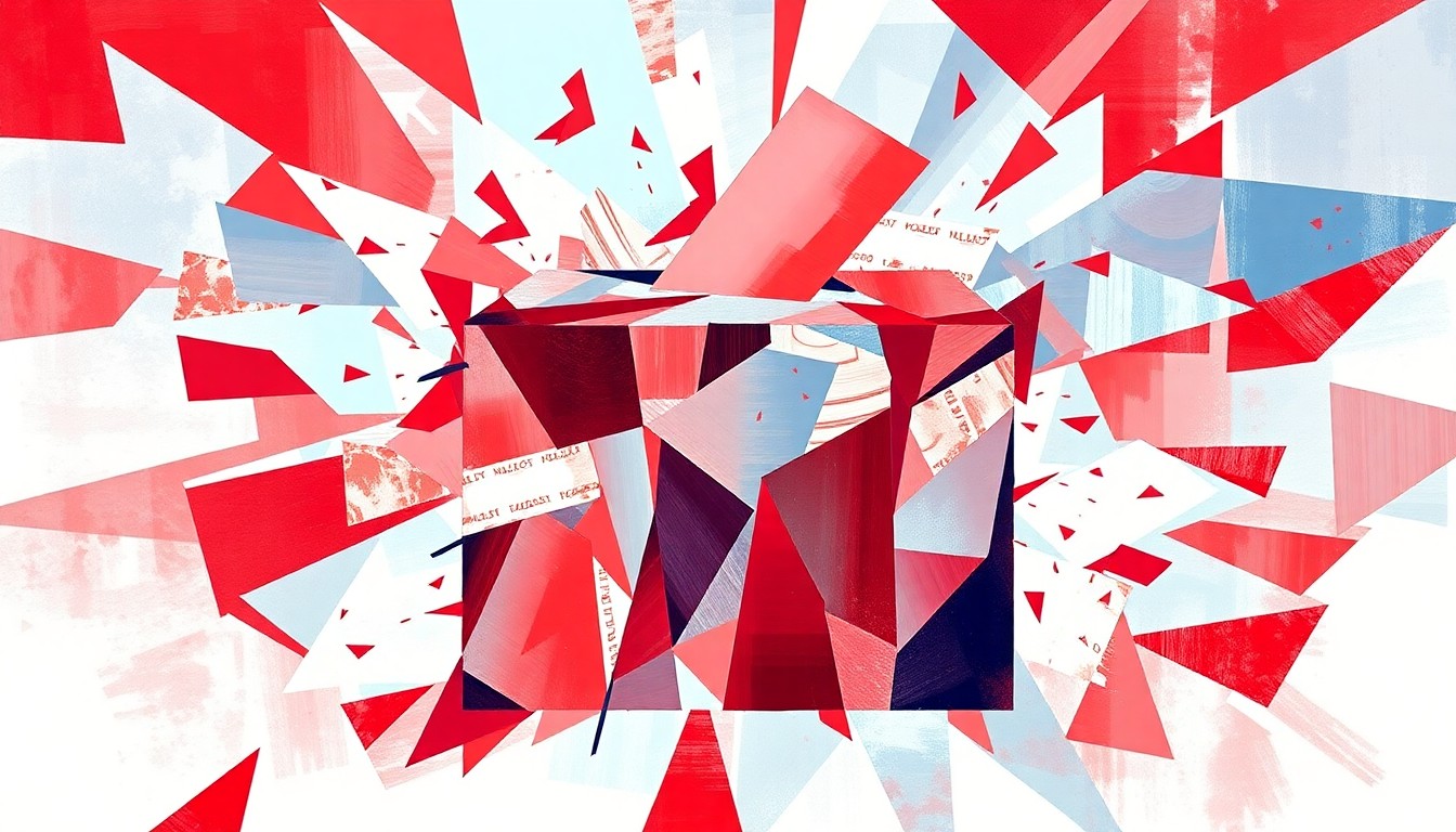 A vibrant, fragmented painting in red, white, and blue hues depicting an abstract ballot box, conceptually representing the political tensions over voting rights and election integrity.