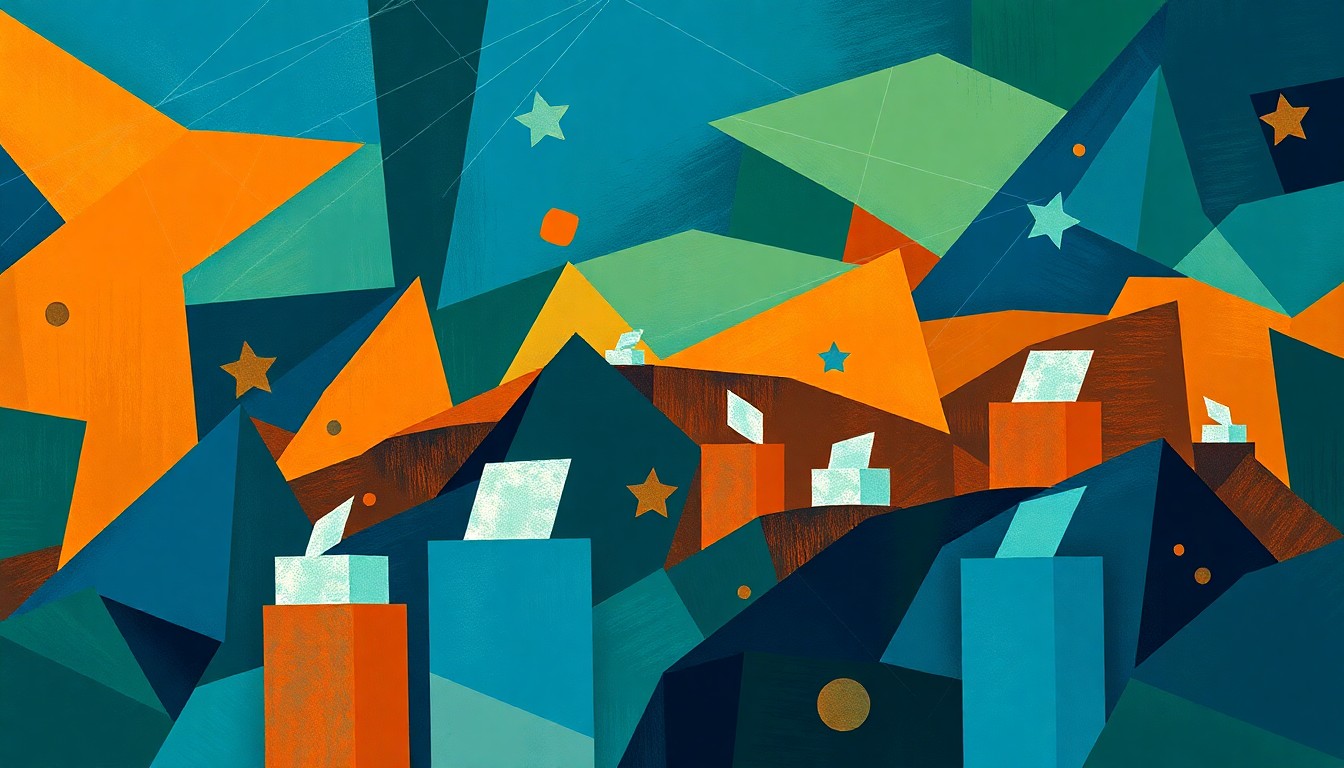 An abstract, fractured painting in shades of blue, green, and orange depicting voting booths, ballot boxes, and other political symbols in an overlapping, dynamic composition.