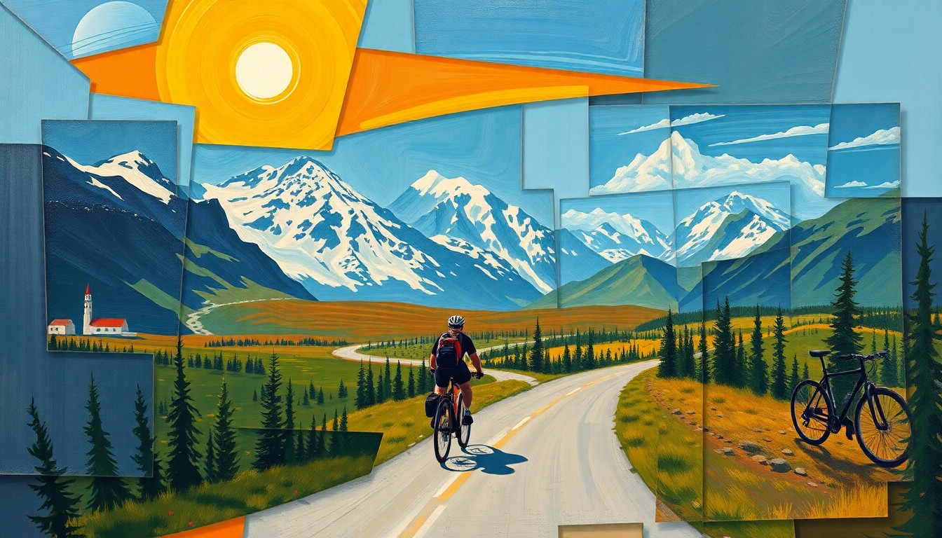 A fractured, multi-perspective painting depicting the cyclists' journey through the Alaskan wilderness, with sharp geometric planes and overlapping shapes in a cubist style.