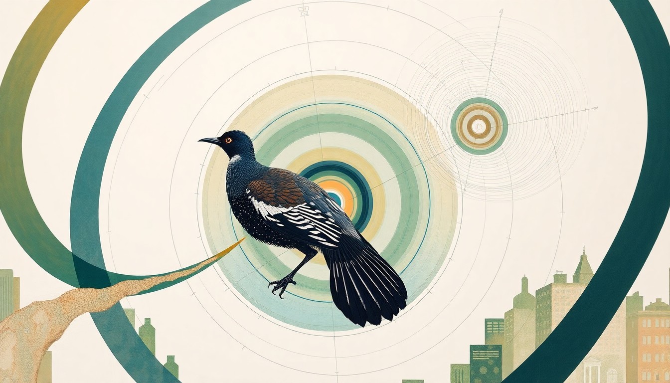 A bold, abstract painting in earthy tones of green, brown, and blue, featuring sweeping geometric arcs, concentric circles, and precise botanical spirals, conceptually representing the migratory journey and flight paths of the American woodcock as it navigates the urban landscape of New York City.
