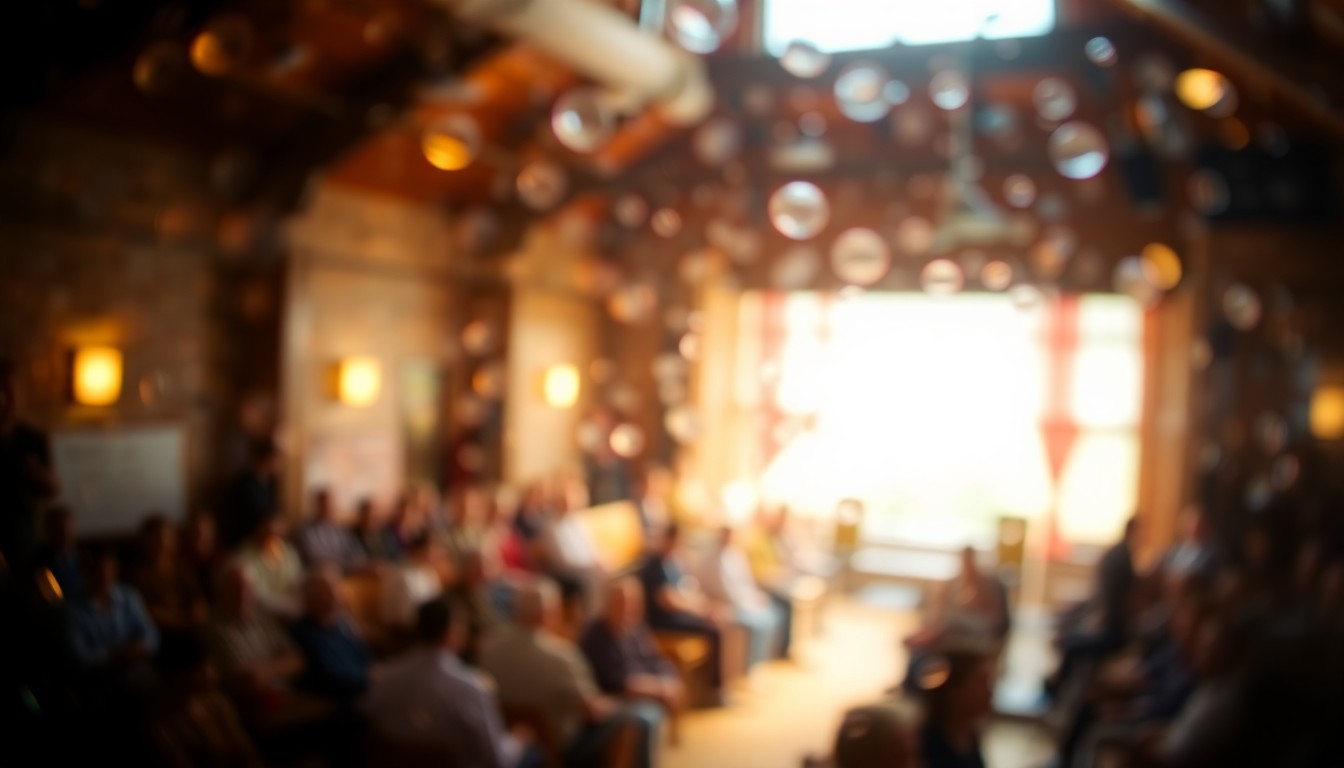 An abstract, impressionistic photograph of a blurred, out-of-focus scene depicting a community gathering, with warm, hazy pools of light and color.