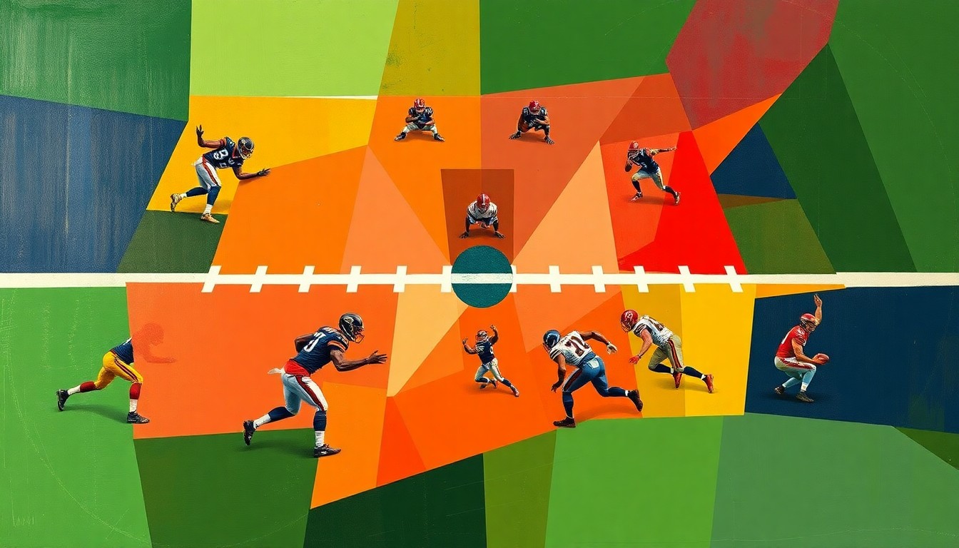 A fragmented, cubist-style painting depicting the overlapping geometric shapes and planes of a football defensive formation, capturing the complexity and importance of the nickel back position in today's NFL.