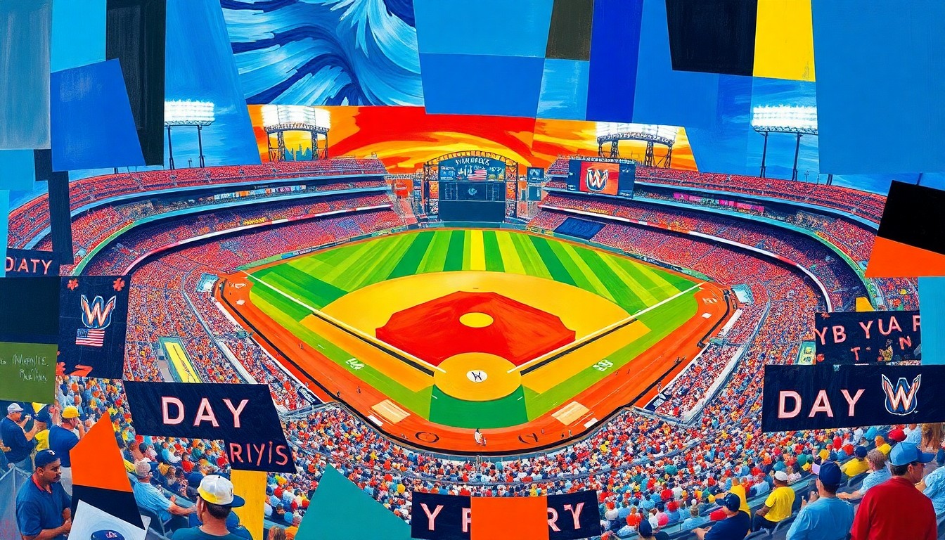 A vibrant, fragmented painting in the cubist style, with overlapping geometric shapes and planes of bright blue, red, and yellow, depicting a baseball game in progress at Day Air Ballpark.