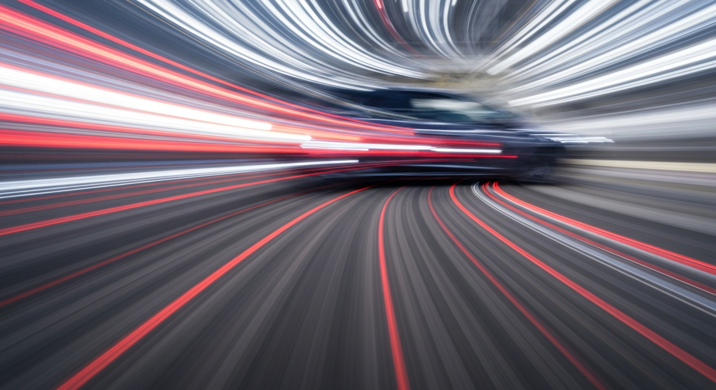 An abstract, colorful image of a moving electric vehicle, its form blurred into sweeping streaks of vibrant hues, conveying a sense of speed, technology, and the changing automotive landscape.