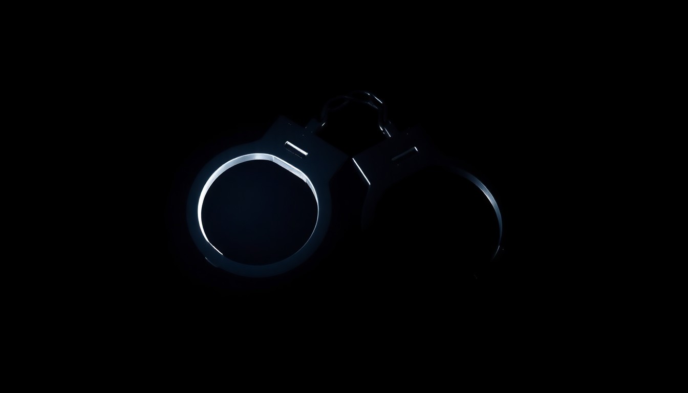An extreme close-up of a pair of metal handcuffs against a pitch-black background, the harsh lighting creating a stark, gritty, investigative aesthetic.