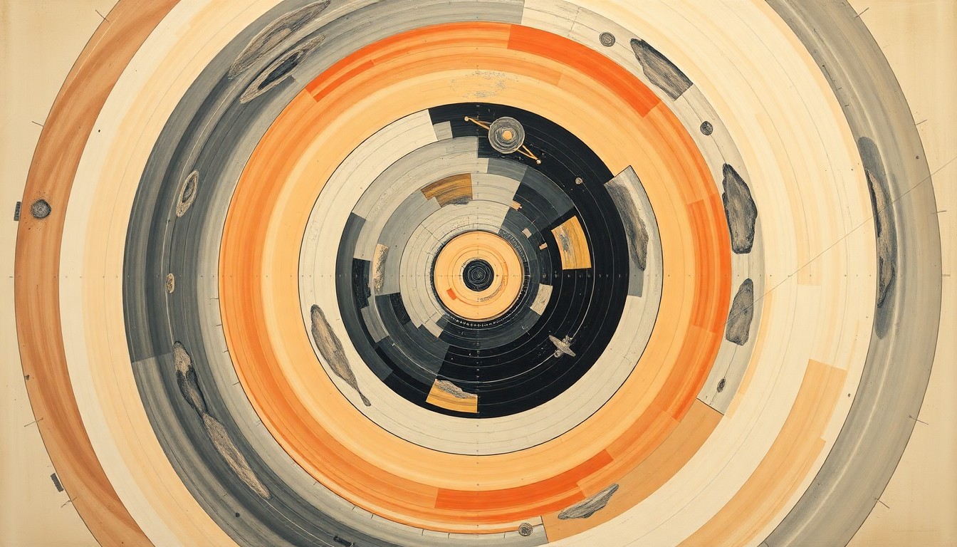 A bold, abstract painting featuring sweeping geometric arcs, concentric circles, and precise spirals in soft colors, representing the complex scientific and technological concepts behind the partnership between the U.S. Space Force and the University of Arizona to advance space capabilities in Latin America.
