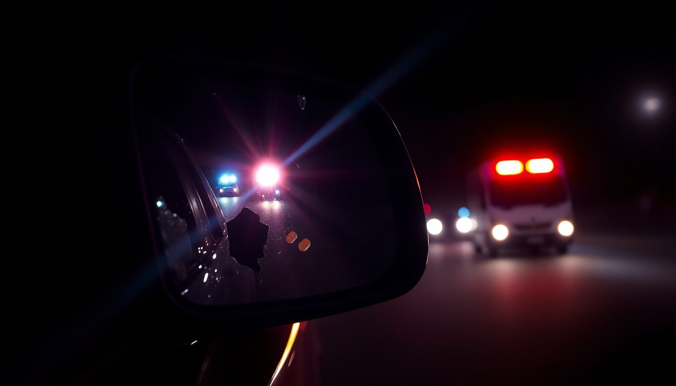An extreme close-up of a shattered car side mirror reflecting the flashing lights of emergency vehicles, conceptually illustrating the aftermath of a wrong-way driving incident.