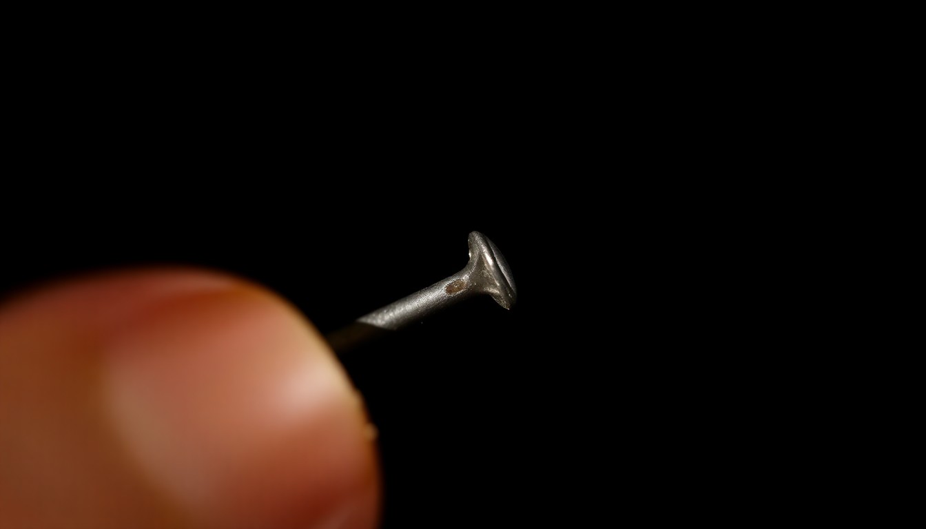 An extreme close-up photograph of a single metal nail or shrapnel, dramatically lit by a harsh camera flash against a dark background, conceptually representing the dangerous explosive device found in the apartment building.