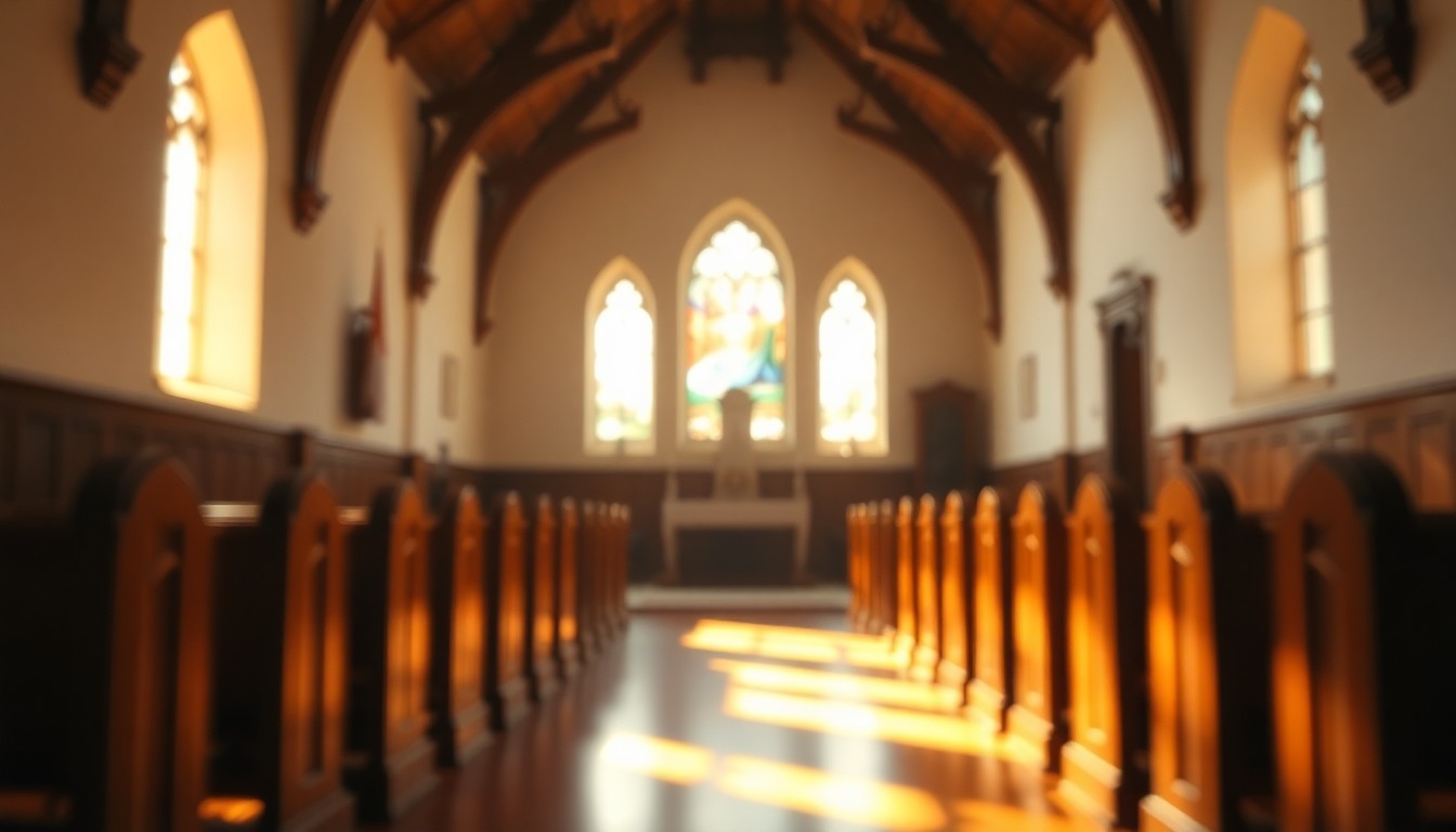 An extremely abstracted, out-of-focus photograph of a country church interior, with soft pools of warm light and color creating a serene, contemplative mood that evokes the poem's themes of community, compassion, and enduring legacy.