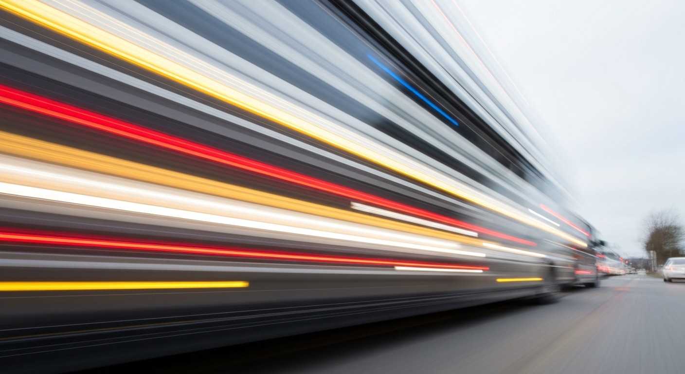 Sweeping, abstract streaks of vibrant color and chaotic motion, conceptually representing the rapid transformation of the automotive industry.