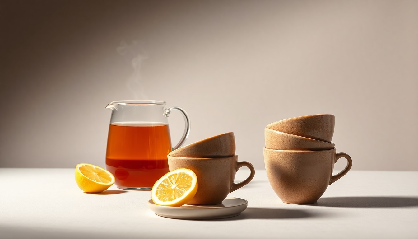 A high-end studio still-life photograph featuring a stack of ceramic tea cups, a glass teapot filled with steaming tea, and fresh lemon slices, conceptually representing the premium, polished aesthetic of the new HTeaO tea shop coming to Lufkin.