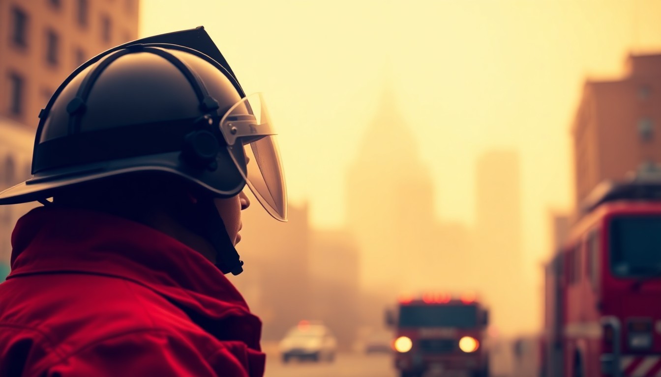 An abstract, impressionistic photograph showing the blurred outline of a firefighter's uniform and helmet in the foreground, with a firetruck and city buildings visible in the background, all captured in a warm, hazy color palette that evokes a sense of nostalgia and reverence.
