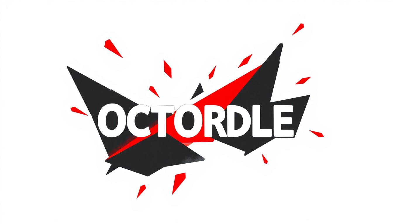 An abstract composition of stark, angular black shapes against a bright red background, conveying the intense focus and mental dexterity required to master the Octordle word game.