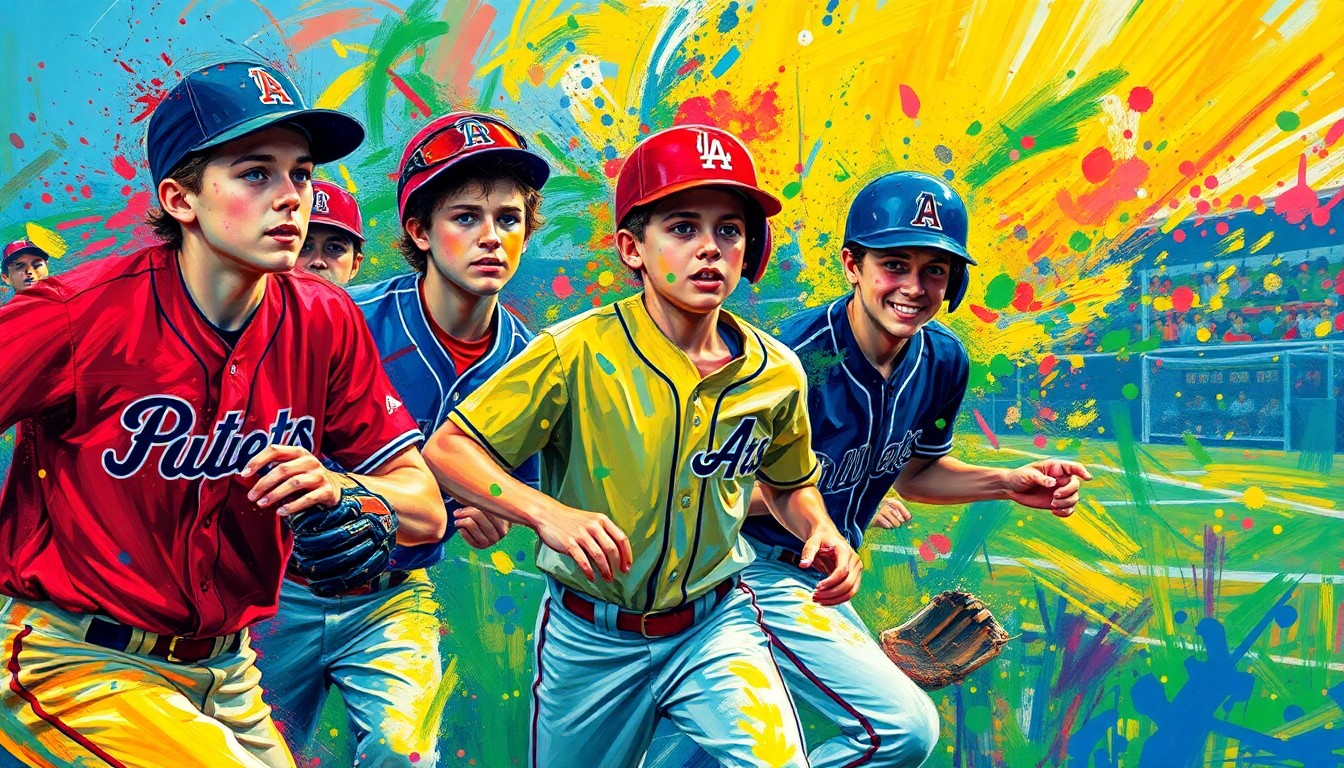 An abstract, expressionist painting in vibrant neon colors depicting the dynamic motion and energy of a high school baseball game, with players' forms dissolving into colorful brushstrokes.