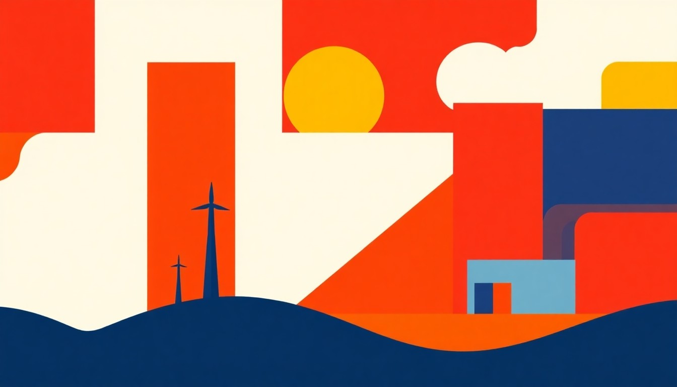 A geometric abstract illustration using bold shapes and primary colors to conceptually represent the growing energy demands of AI data centers in New Jersey, without any literal depictions of money, technology, or infrastructure.