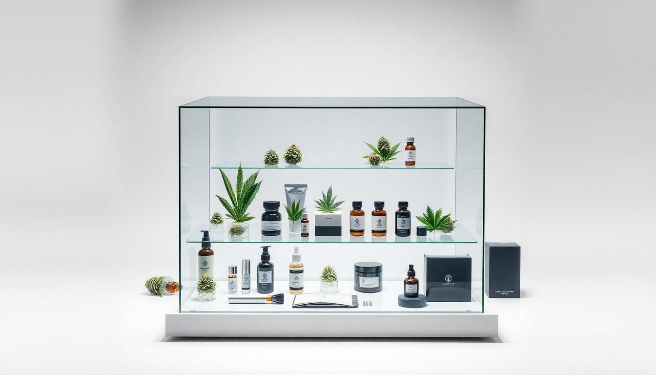 A photorealistic studio still life featuring a polished glass display case filled with various cannabis products and accessories, arranged elegantly on a clean, white background with dramatic lighting and shadows.