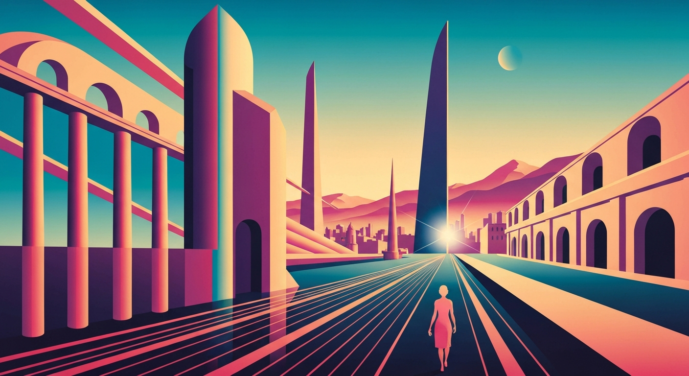 A highly stylized, geometric illustration depicting the grand scale and sweeping perspectives of a historic downtown district, with smooth airbrushed gradients and sleek, streamlined forms evoking the romance of travel and exploration.