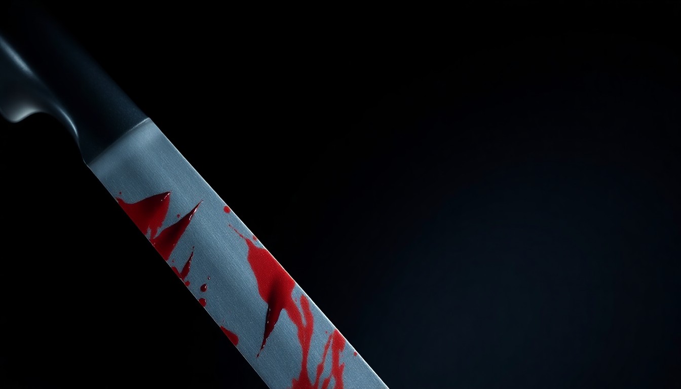 An extreme close-up of a bloodied knife, the harsh flash illuminating the gritty details and creating a stark, investigative aesthetic that conceptually represents the shocking violence of this crime.
