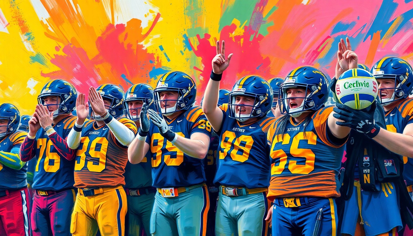 A dynamic, colorful painting with bold, expressive brushstrokes depicting the Kent State football team in full gear cheering and celebrating the softball team's victory, capturing the infectious energy and camaraderie of the moment.