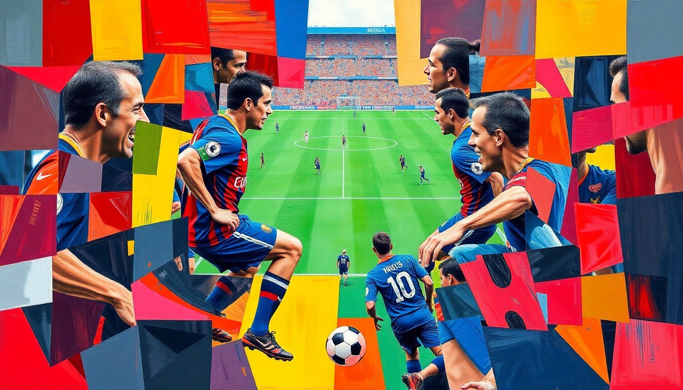 A fragmented, geometric painting depicting the chaotic action of a professional soccer match, with the players' forms broken down into sharp, overlapping shapes and planes of color.