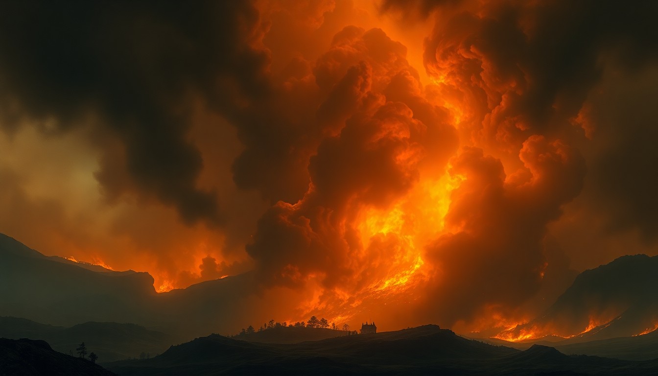 A dramatic, atmospheric landscape painting in muted tones of orange, gray, and blue, depicting a massive wildfire raging across a hilly terrain, the flames and smoke obscuring any visible structures or details.