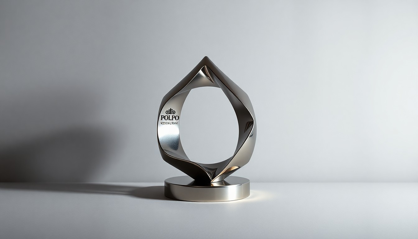 A high-end, photorealistic studio still-life photograph featuring a polished, geometric sculpture made of stainless steel, representing the refined aesthetic and exclusivity of Polpo Restaurant & Saloon.