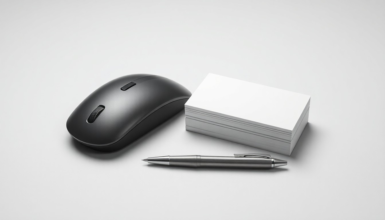A high-end, photorealistic studio still-life photograph featuring a sleek, modern computer mouse, a brushed metal pen, and a stack of crisp white business cards arranged elegantly on a clean, monochromatic seamless background, conceptually representing the abstract ideas of corporate strategy, finance, and innovation.
