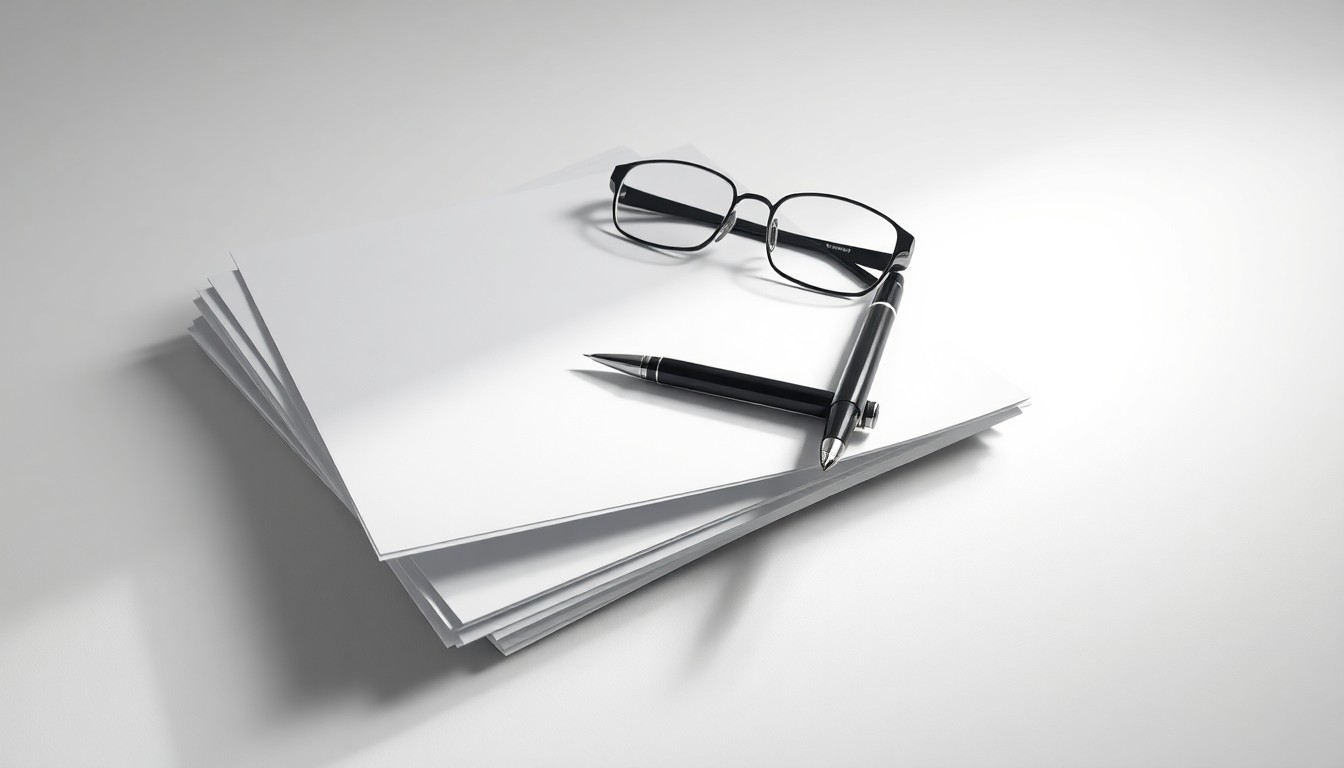 A high-end, photorealistic studio still-life photograph featuring a stack of legal documents, a pen, and a pair of reading glasses arranged elegantly on a clean, white seamless background, conceptually representing the legal and financial aspects of Intellia's employee inducement grants.
