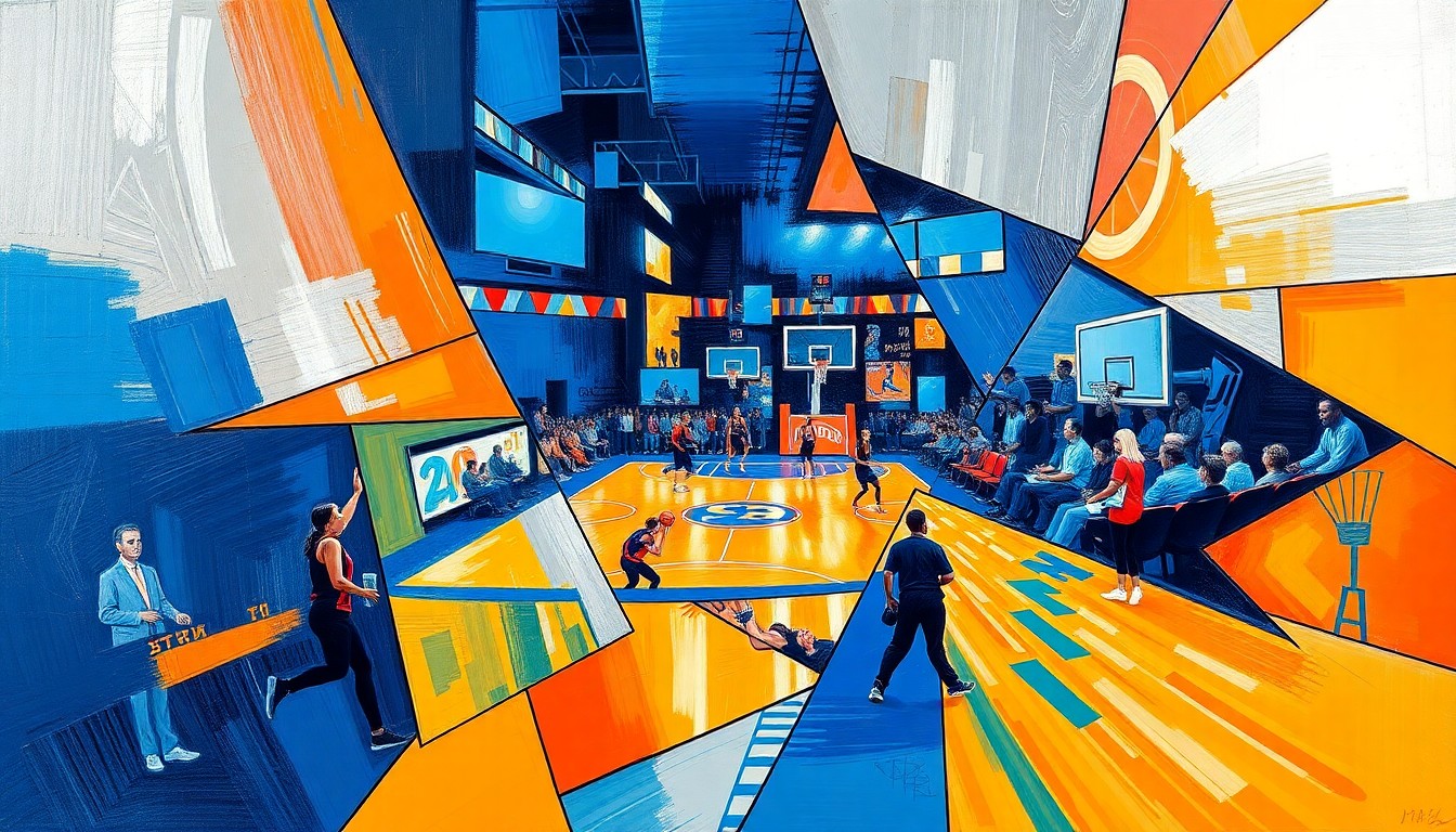 A fractured, geometric painting depicting a WNBA basketball game, with sharp planes of vibrant colors like blue, orange, and silver creating a dynamic, abstract composition.