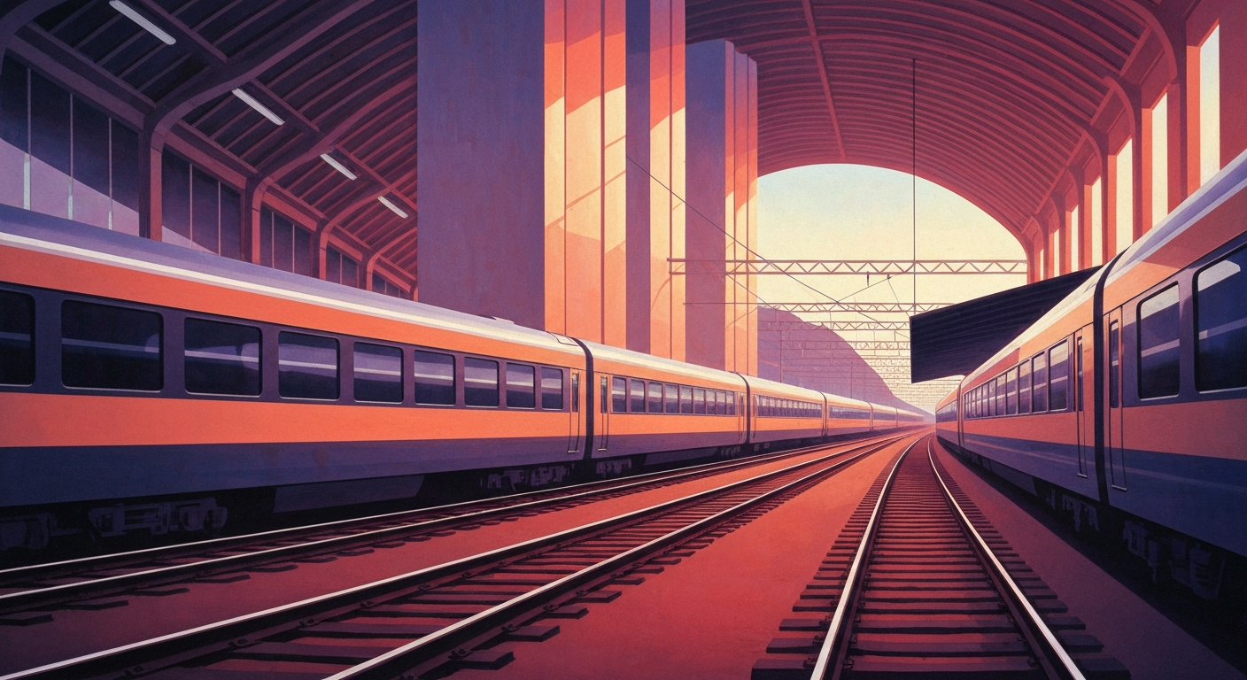 A highly stylized, geometric illustration depicting the grand scale and streamlined forms of a modern train station or railway, conveying the conceptual idea of expanded passenger rail service without any literal depictions.